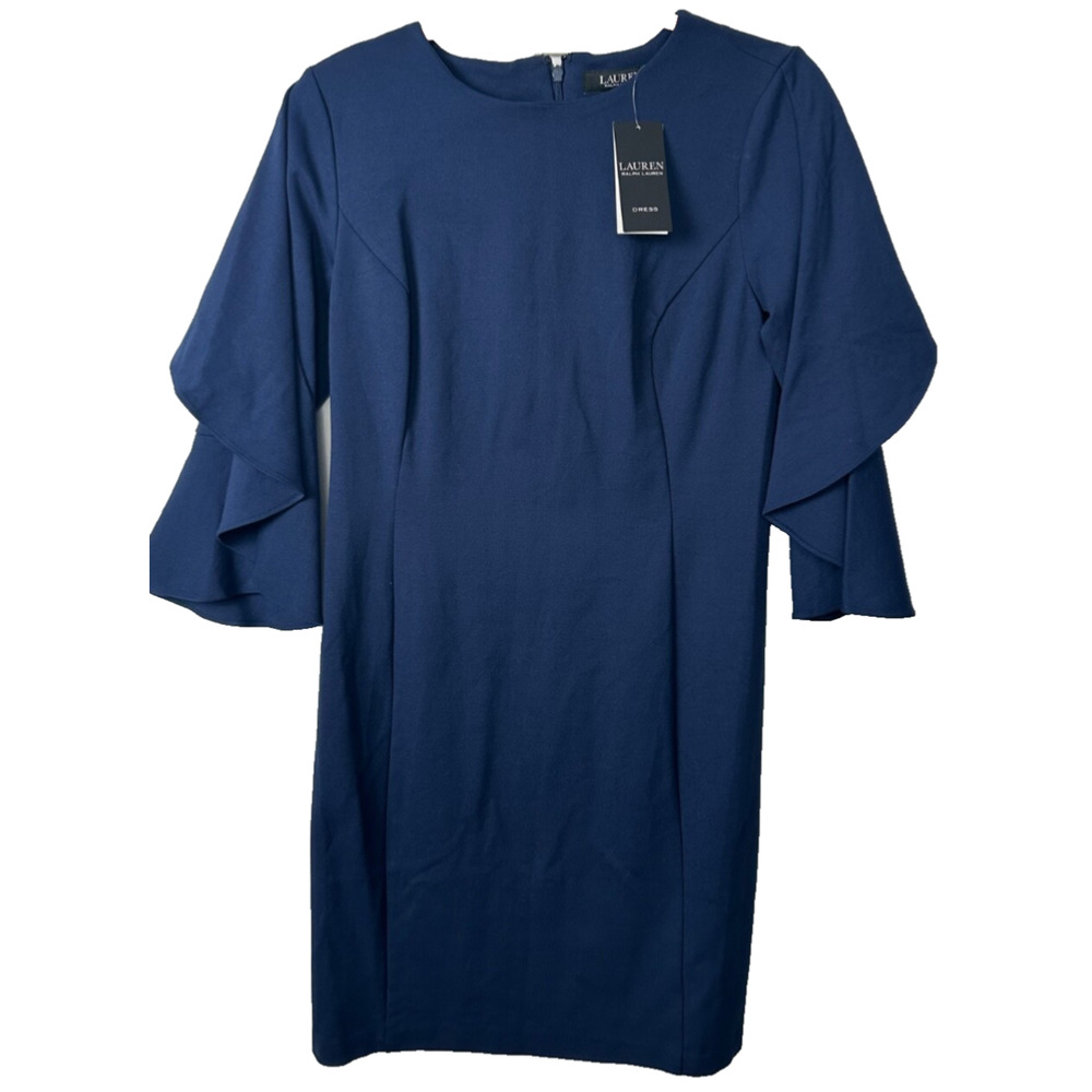 NEW Lauren Ralph Lauren 2 Ruffled Dress Tulip Sleeve Midi Navy $165 Zip B13